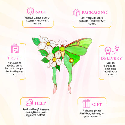 This image details the dimensions of the stained glass luna moth with moon phases: 9.5 inches tall and 9 inches wide.