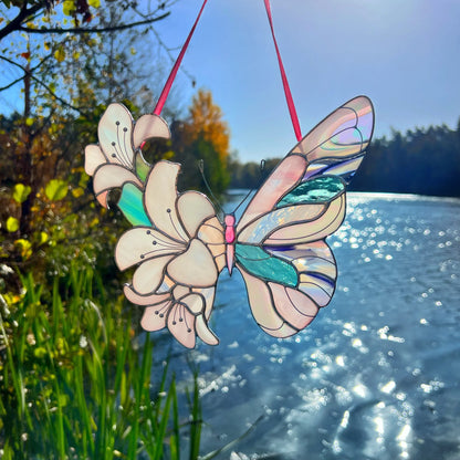 Floral Butterfly ·  Stained Glass Suncatcher · Lilac Blossom Wing