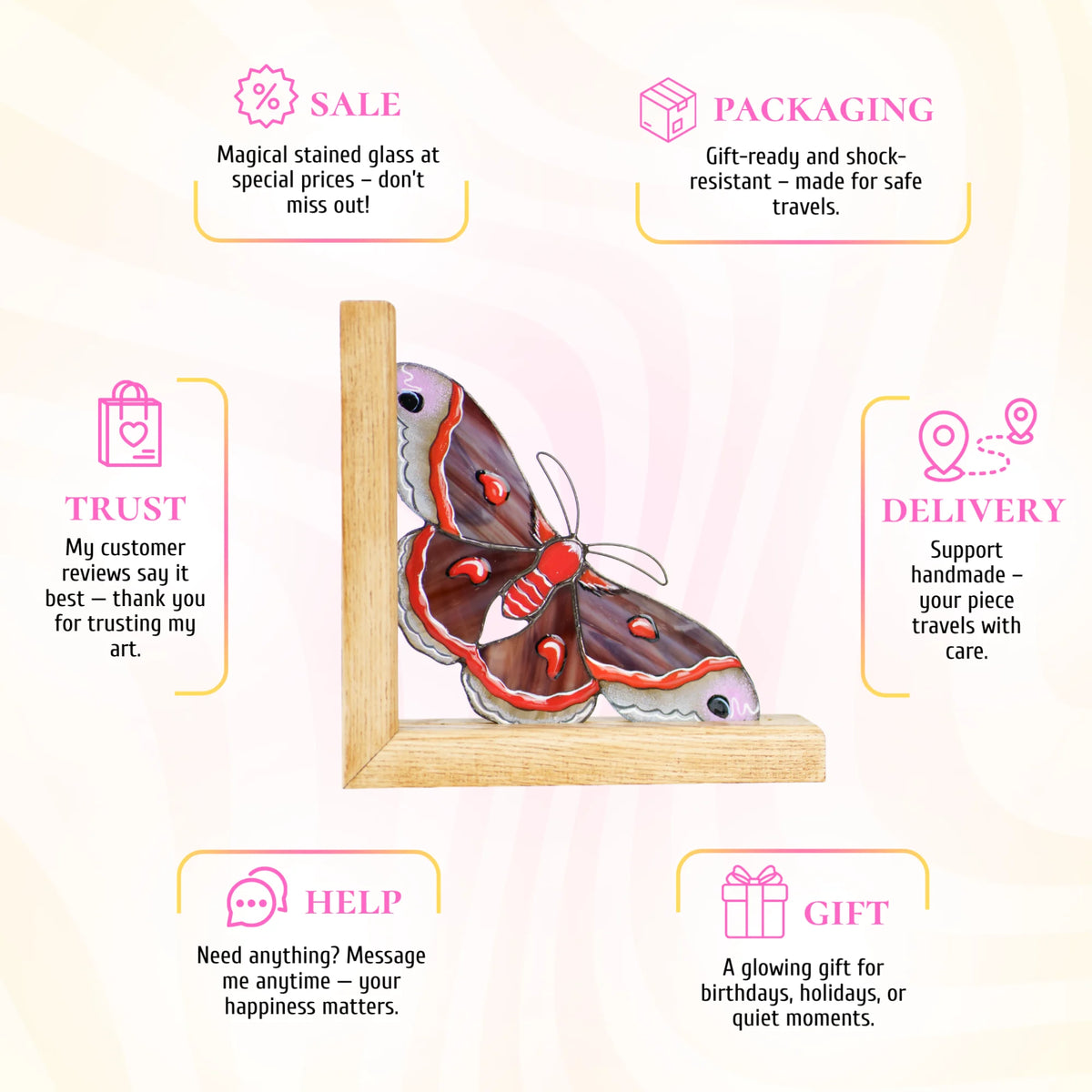 This brown and red stained glass moth promotional infographic emphasizes its rich, captivating colors and presents it as a wonderful, gift-ready centerpiece for any shelf.