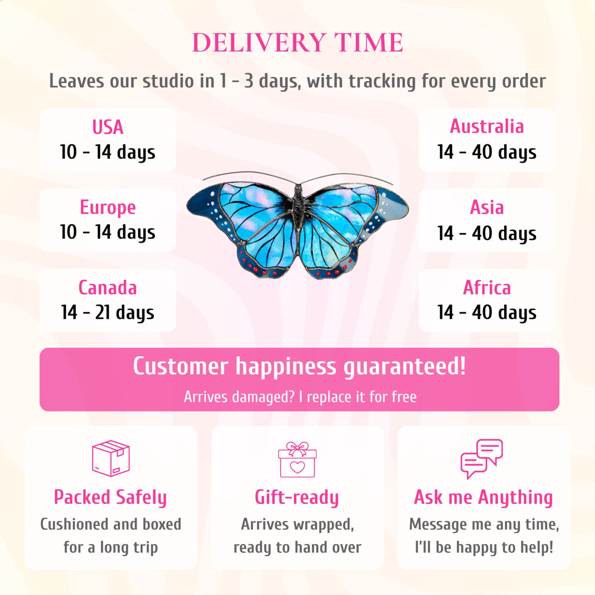 Delivery info for the blue morpho stained glass suncatcher. Ships from the studio in 1-3 days with tracking. Delivery: USA and Europe 10-14 days, Canada 14-21 days, Australia, Asia and Africa 14-40 days. If it arrives damaged, it is replaced for free. Cushioned and boxed for the trip, arrives gift-wrapped, and you can message the maker any time.