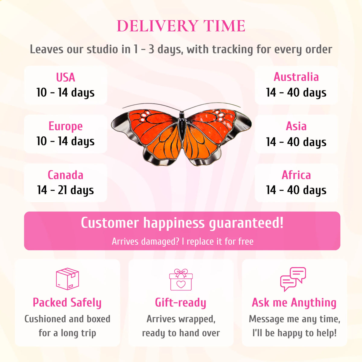 Delivery info for the orange and red stained glass butterfly suncatcher. Ships from the studio in 1-3 days with tracking. Delivery: USA and Europe 10-14 days, Canada 14-21 days, Australia, Asia and Africa 14-40 days. If it arrives damaged, it is replaced for free. Cushioned and boxed for the trip, arrives gift-wrapped, and you can message the maker any time.