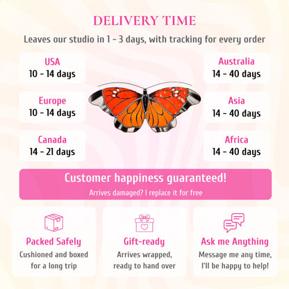 Delivery info for the orange and red stained glass butterfly suncatcher. Ships from the studio in 1-3 days with tracking. Delivery: USA and Europe 10-14 days, Canada 14-21 days, Australia, Asia and Africa 14-40 days. If it arrives damaged, it is replaced for free. Cushioned and boxed for the trip, arrives gift-wrapped, and you can message the maker any time.