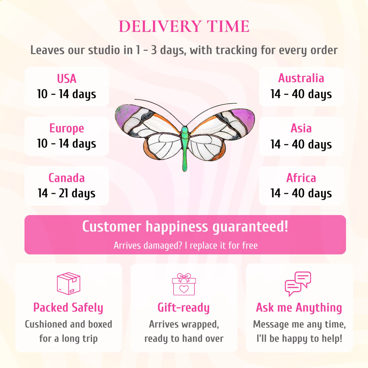 Delivery info for the glasswing butterfly stained glass suncatcher. Ships from the studio in 1-3 days with tracking. Delivery: USA and Europe 10-14 days, Canada 14-21 days, Australia, Asia and Africa 14-40 days. If it arrives damaged, it is replaced for free. Cushioned and boxed for the trip, arrives gift-wrapped, and you can message the maker any time.
