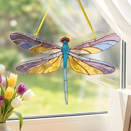 Dragonfly with Amethyst & Gold Wings · Stained Glass Suncatcher