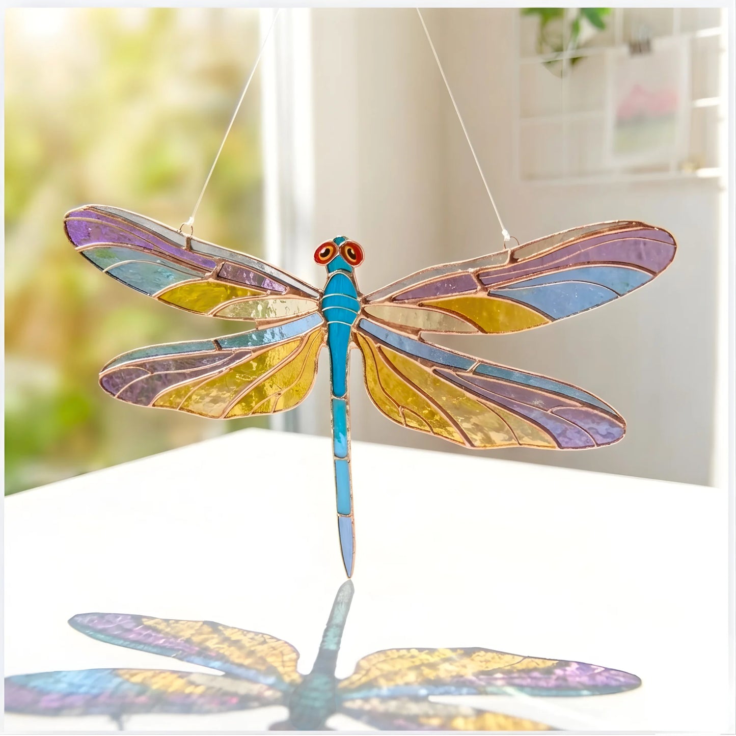 Dragonfly with Amethyst & Gold Wings · Stained Glass Suncatcher