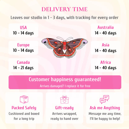 Delivery info for the cecropia moth stained glass suncatcher. Ships from the studio in 1-3 days with tracking. Delivery: USA and Europe 10-14 days, Canada 14-21 days, Australia, Asia and Africa 14-40 days. If it arrives damaged, it is replaced for free. Cushioned and boxed for the trip, arrives gift-wrapped, and you can message the maker any time.