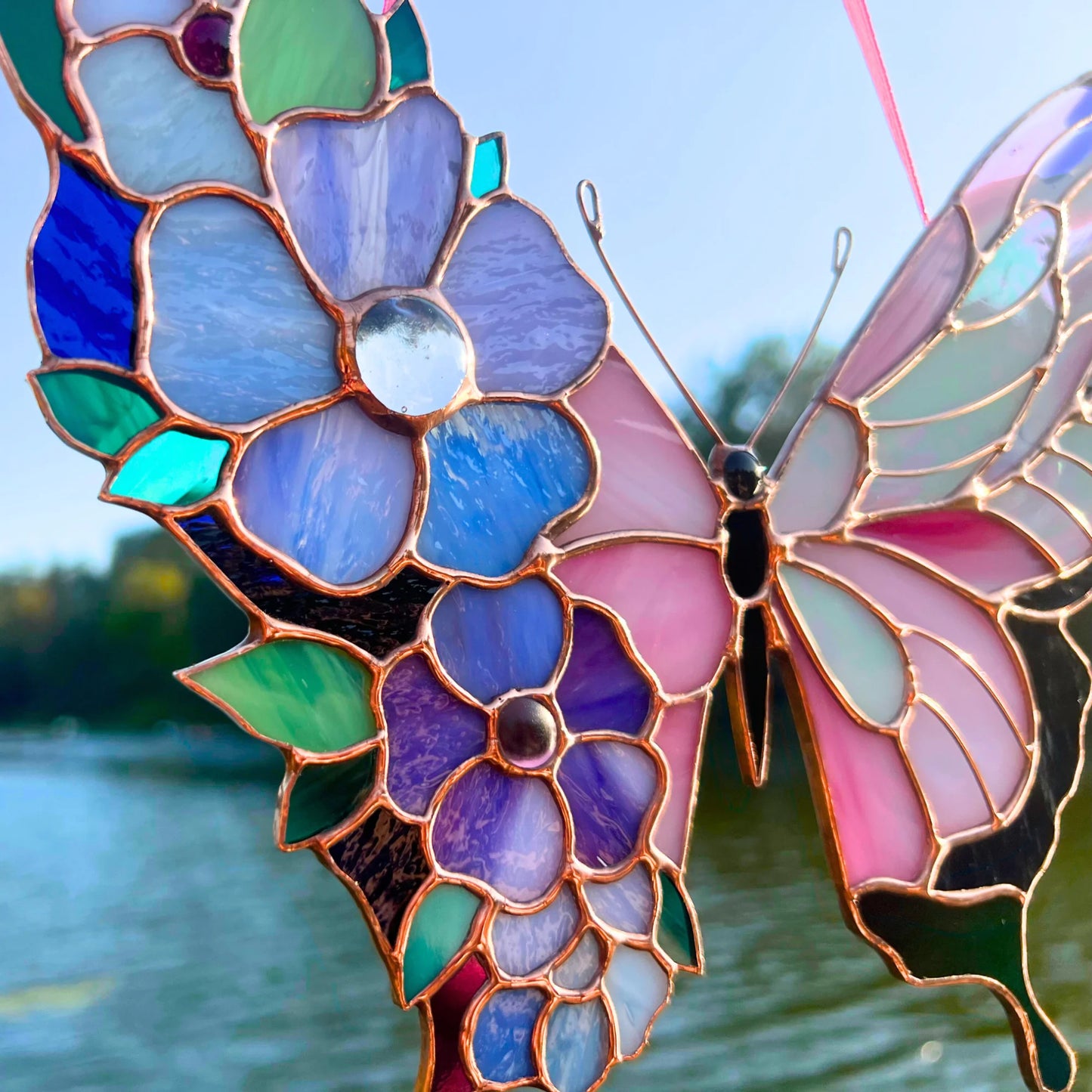 Pink Butterfly with Floral Wings · Stained Glass Suncatcher