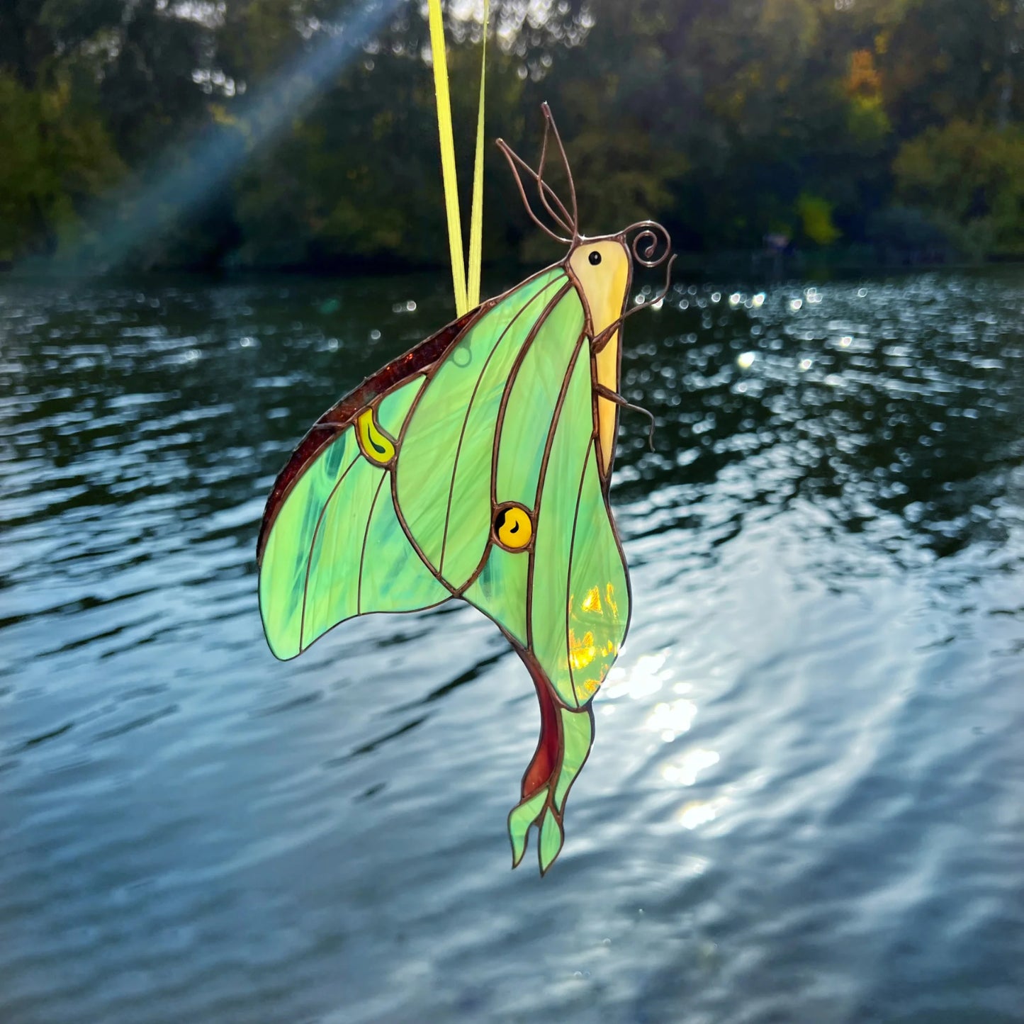 Luna Moth · Stained Glass Suncatcher · Side-Profile