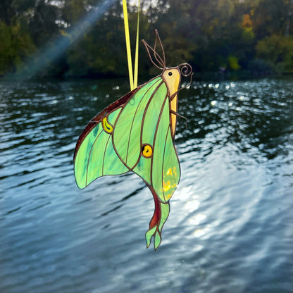 Luna Moth · Stained Glass Suncatcher · Side-Profile