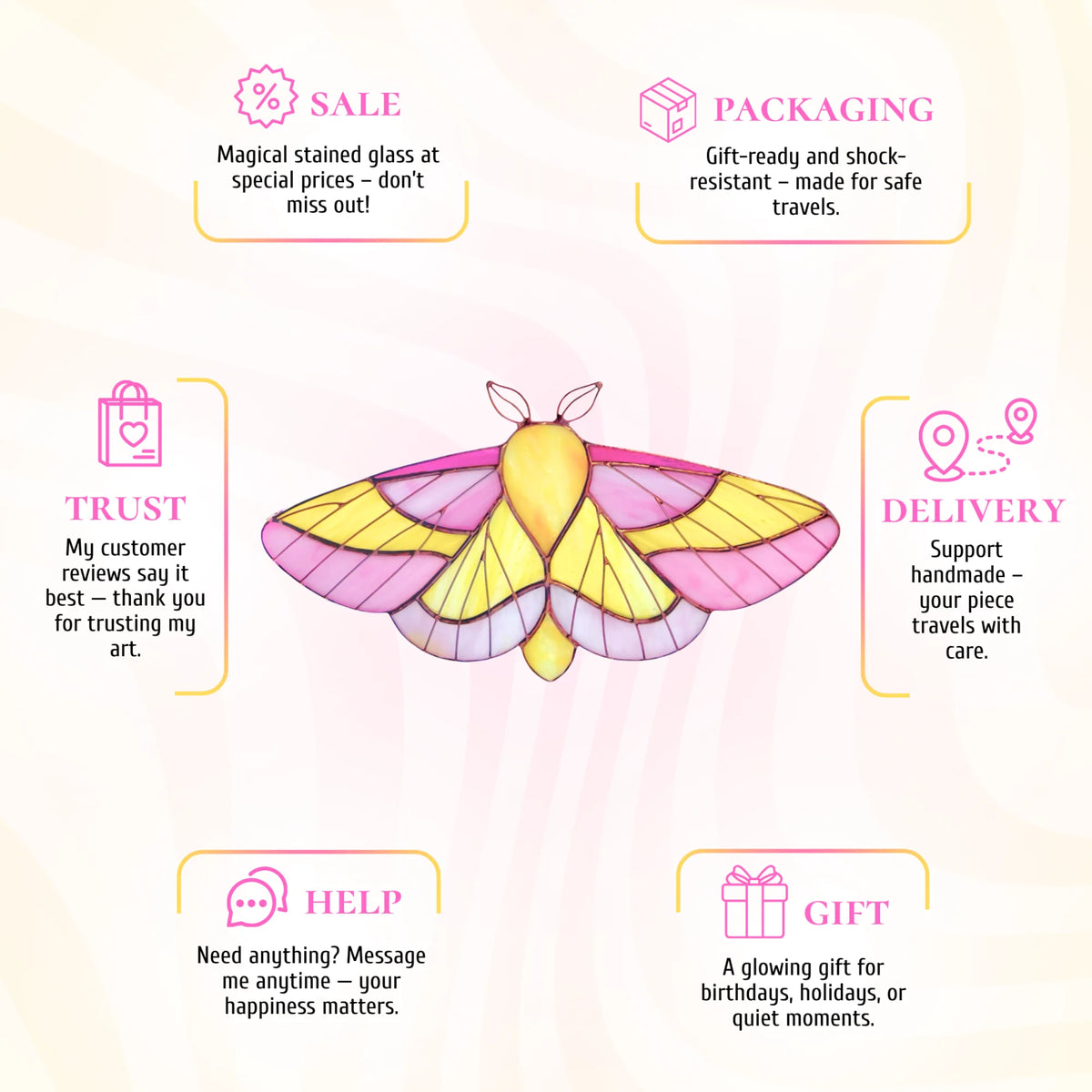 This stained glass rosy maple moth infographic highlights its appeal as a unique and memorable gift choice.