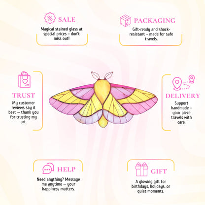 This stained glass rosy maple moth infographic highlights its appeal as a unique and memorable gift choice.