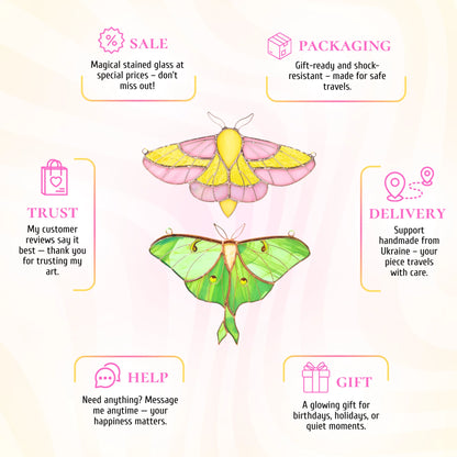 A promotional graphic for a handmade moth art piece, featuring two moths in the center: one yellow and pink, one green and yellow - surrounded by text callouts on a pale pink background. The text highlights sale, packaging, trust, delivery, help, and gift aspects.