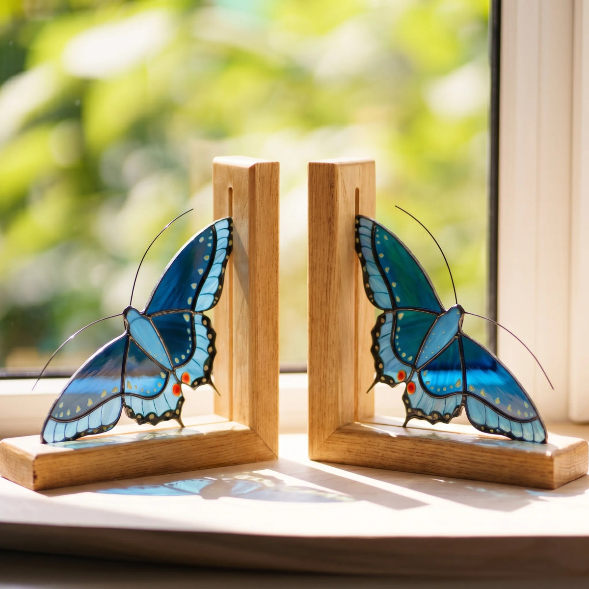 Pair of stained glass bookends with black swallowtail butterflies