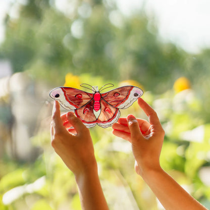 Two hands holding a cecropia moth suncatcher up to a sunny window with a green garden behind