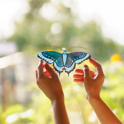 Hands holding a blue swallowtail stained glass suncatcher with orange eyespots up to a sunny garden window