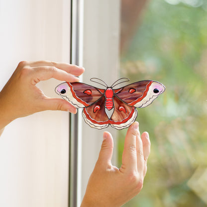 A person's hands holding a colorful cecropia moth decoration in front of a window, with a blurred outdoor background visible.