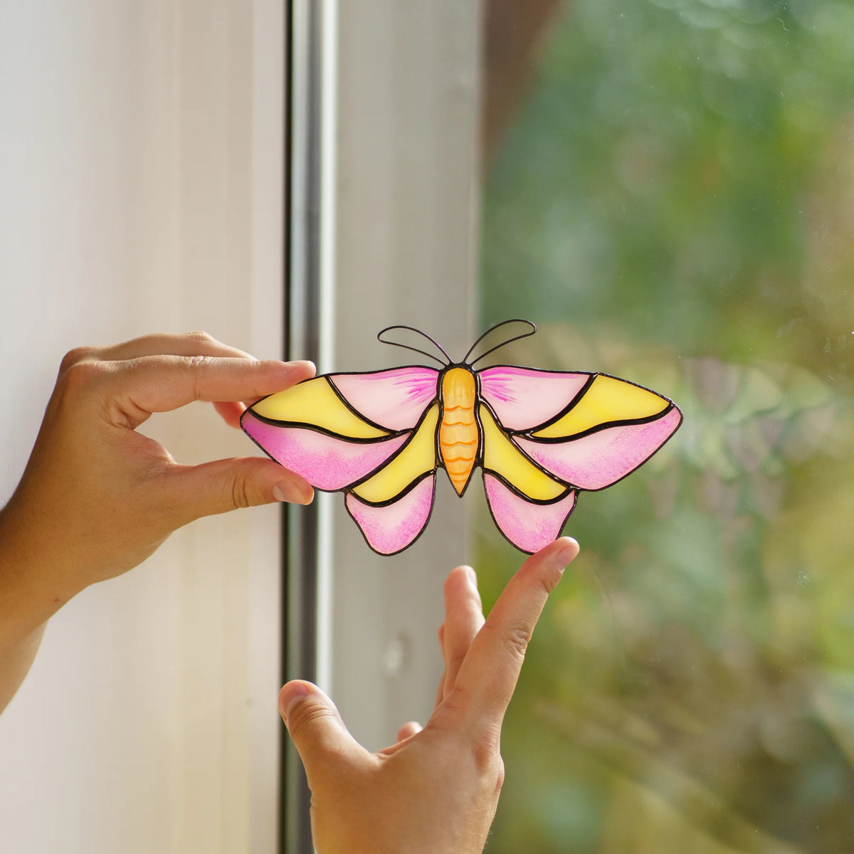 Rosy maple moth stained glass suncatcher held against a window frame, a fingertip touching its pink hindwing