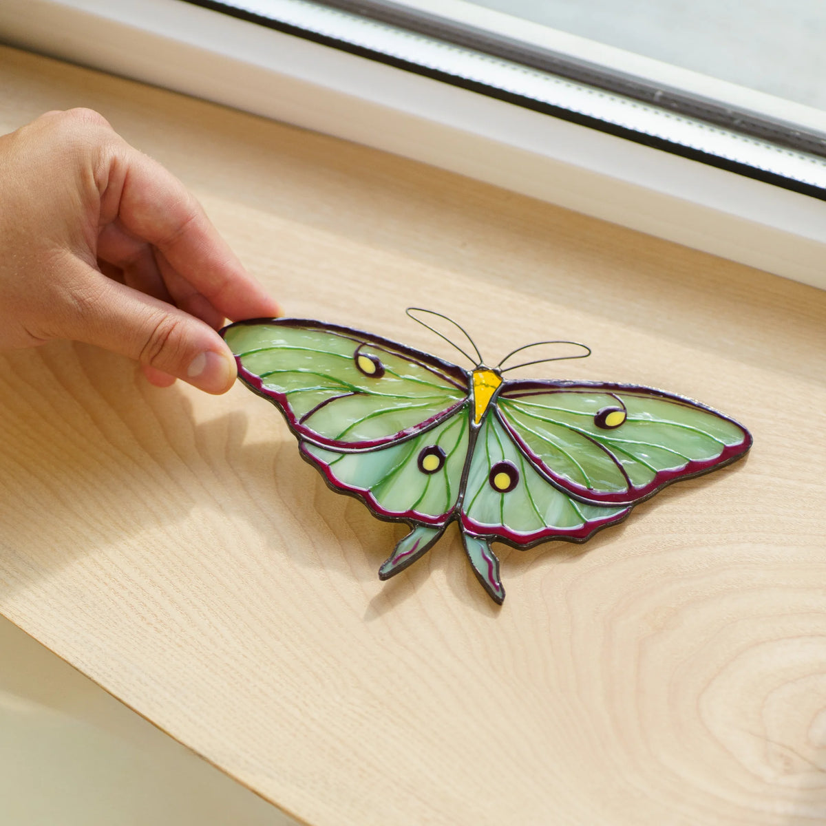 Luna moth stained glass suncatcher in pale green glass with crimson edges resting on a wooden windowsill