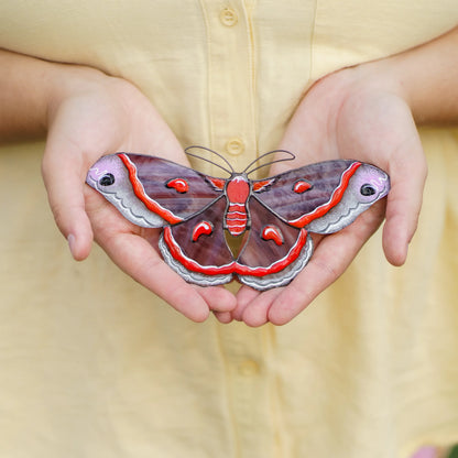 Cecropia moth stained glass suncatcher in plum and red glass with white eyespots held in cupped hands