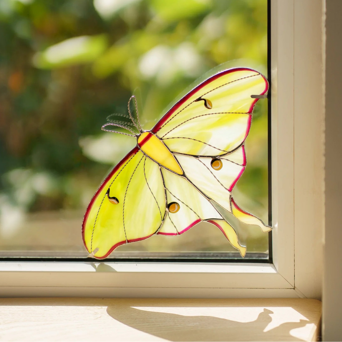 Handmade stained glass actias luna moth window corner suncatcher in pale green glass, sunlit garden outside