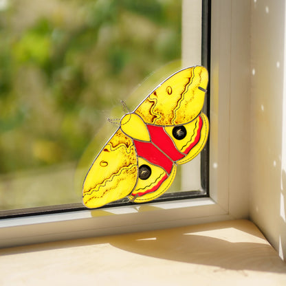 Yellow and red io moth glass art fitted into the lower corner of a window, garden blurred outside