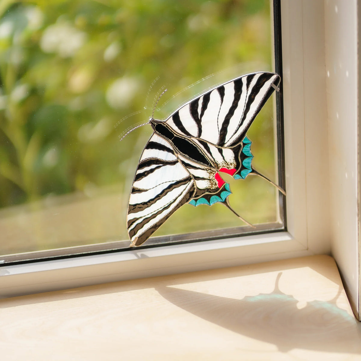 Black and white striped butterfly fitted into a window corner, casting a teal-tinted shadow on the sill