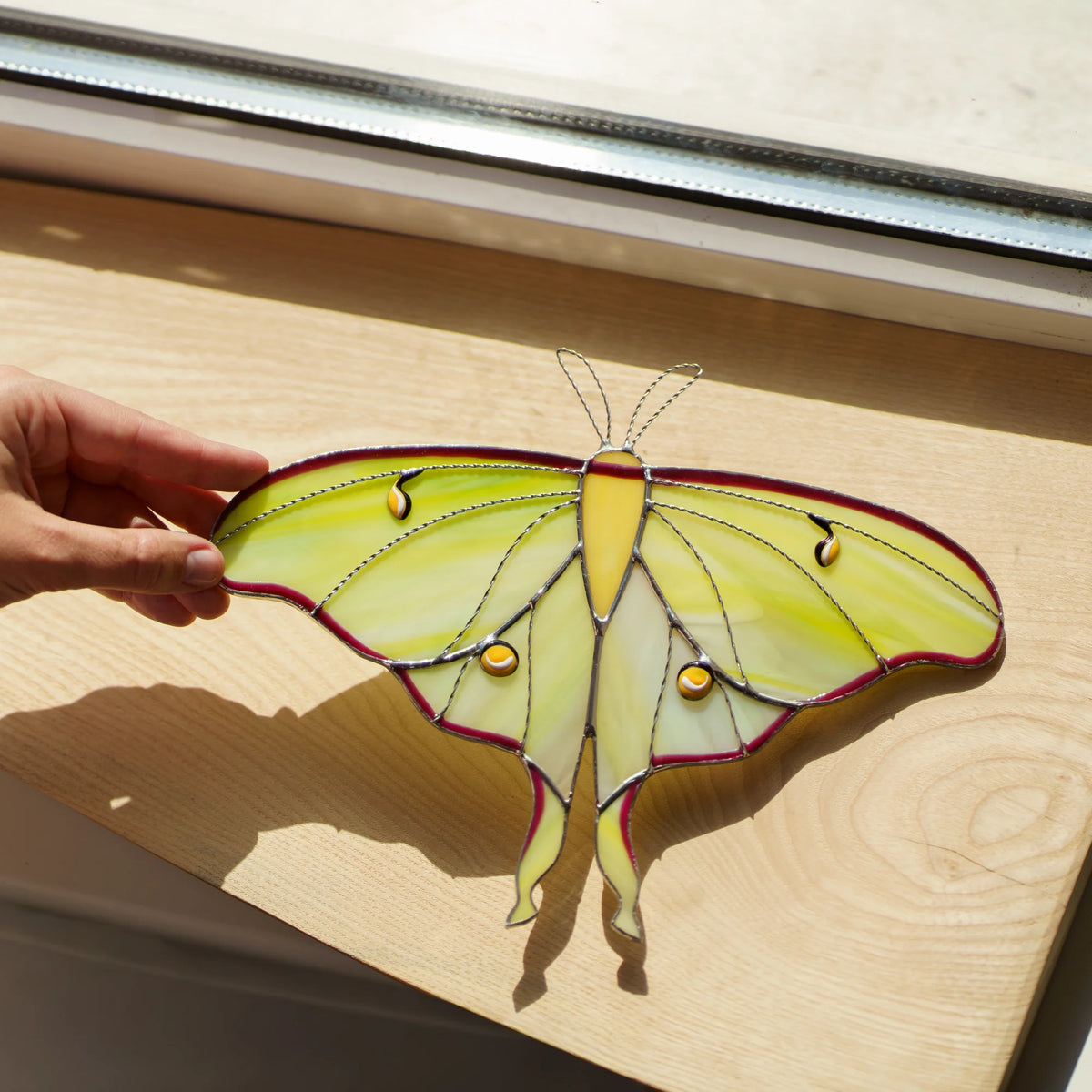 Luna moth suncatcher on a sunny wooden sill, swirled lime glass with amber eyespots and long tails