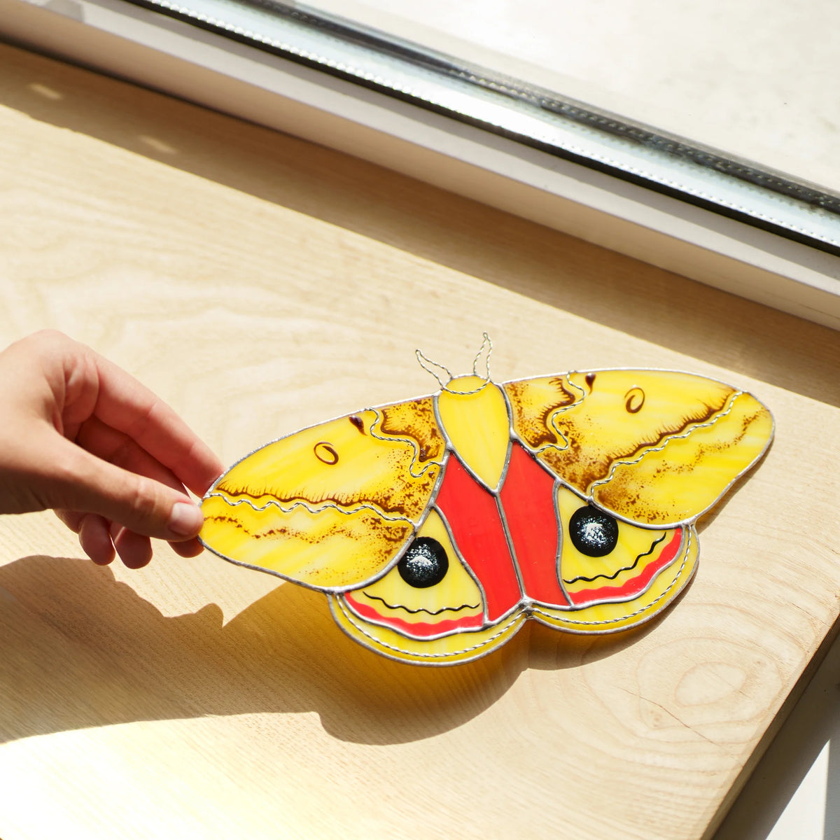 Io moth suncatcher on a sunlit wooden sill, red hindwing bands framing two sparkling black eyespots