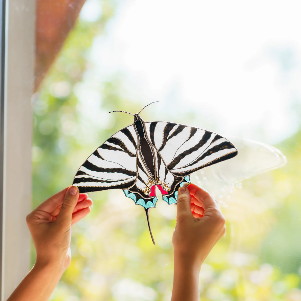 Backlit black and white glass butterfly held in daylight, long hindwing tails trailing below