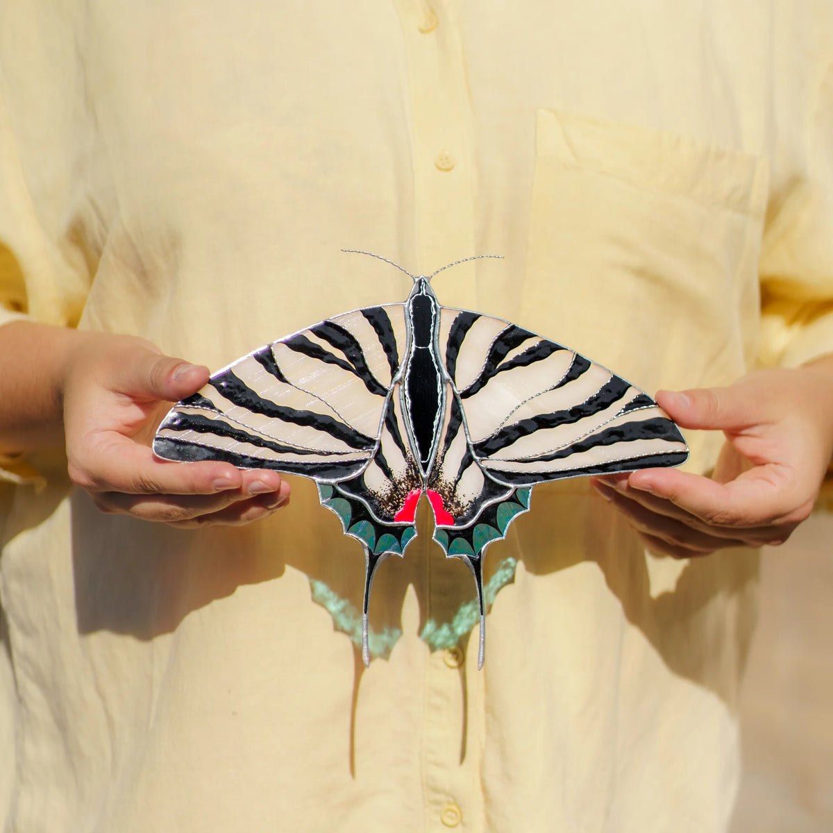 Person in a yellow shirt holding the glass butterfly to show its full wingspan and tails