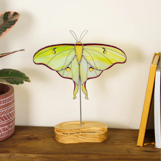 Luna moth stained glass suncatcher on its wooden stand beside potted plants and books
