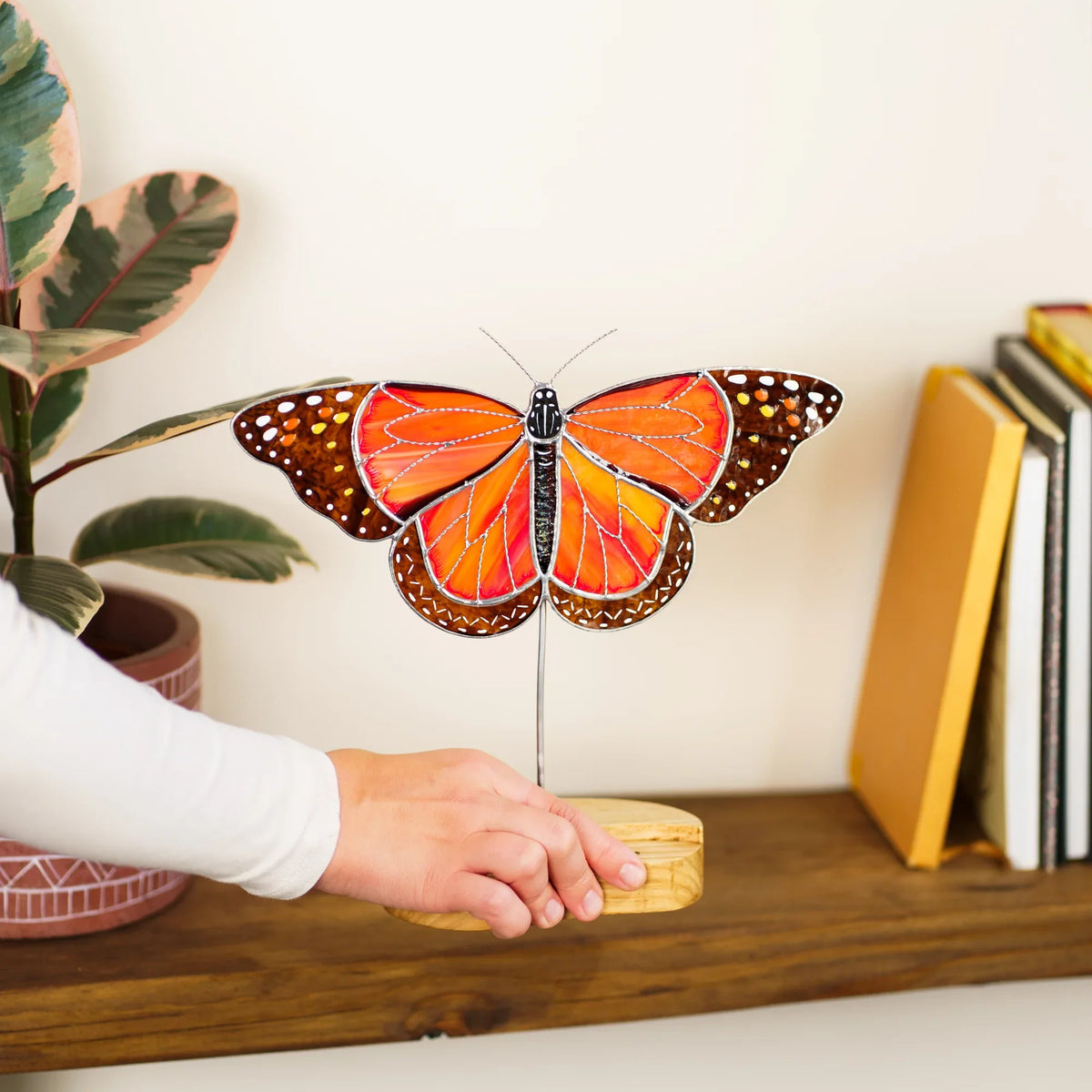 Hand placing the monarch butterfly suncatcher's wooden base on a bookshelf