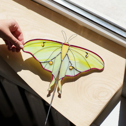 Hand holding the wing of a stained glass luna moth suncatcher on a sunlit windowsill