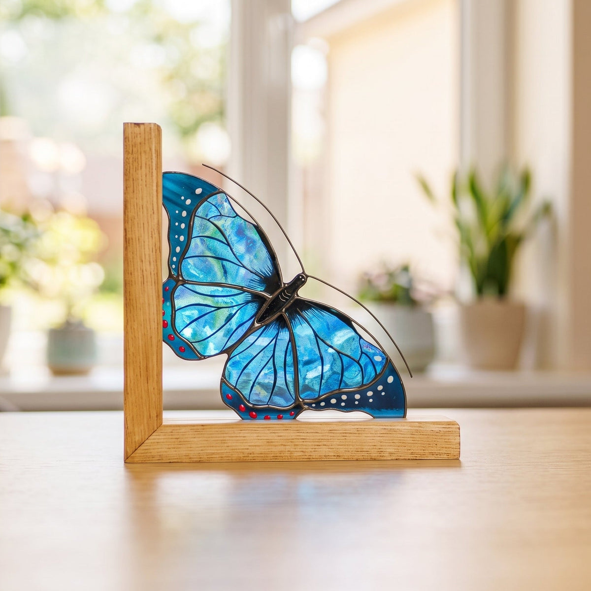 A gorgeous blue stained glass butterfly displayed on a sunny windowsill, highlighting its intricate details, rich textures, and the beautiful light it brings into the space.