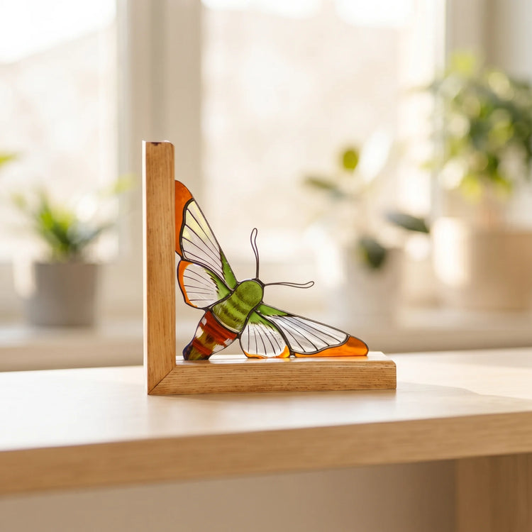 A stained-glass hummingbird moth bookend with orange, green, yellow, and white sections, mounted inside a wooden bookend
