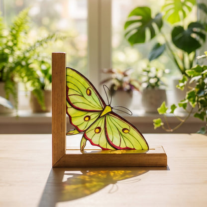 A stained glass butterfly sculpture displayed on a wooden stand on a light wooden table, with a softly blurred indoor background featuring potted plants and a bright window.