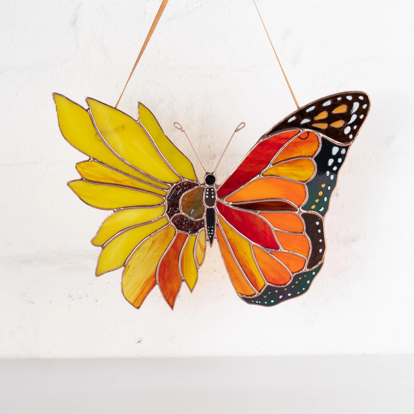 Monarch Butterfly with Sunflower Wing · Stained Glass Suncatcher