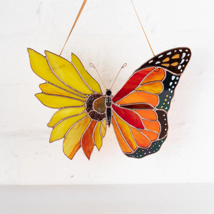 Monarch Butterfly with Sunflower Wing · Stained Glass Suncatcher