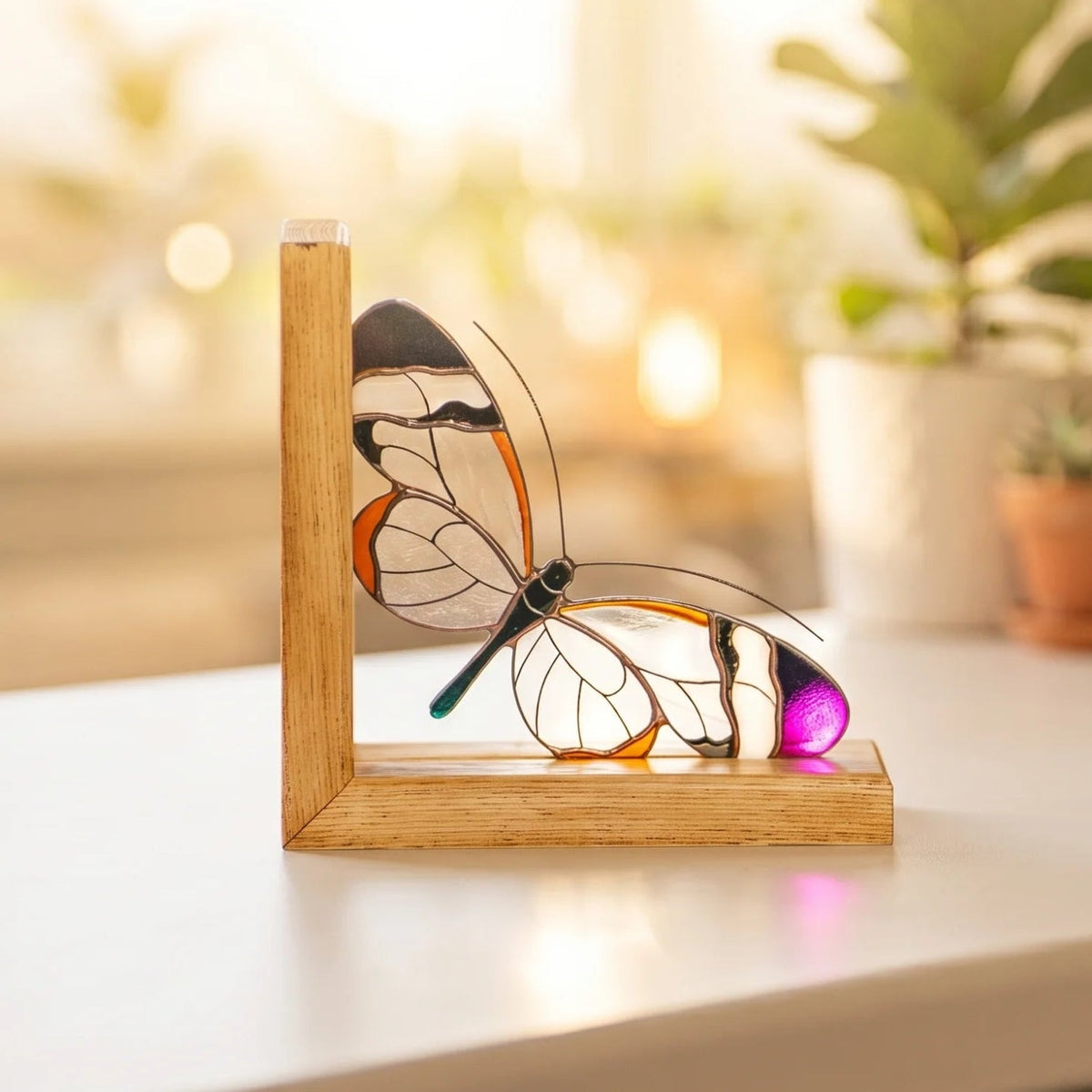 A stained glass glasswing butterfly sculpture resting on a light wooden bookend, placed on a white windowsill with a softly blurred background of potted plants and warm sunlight.