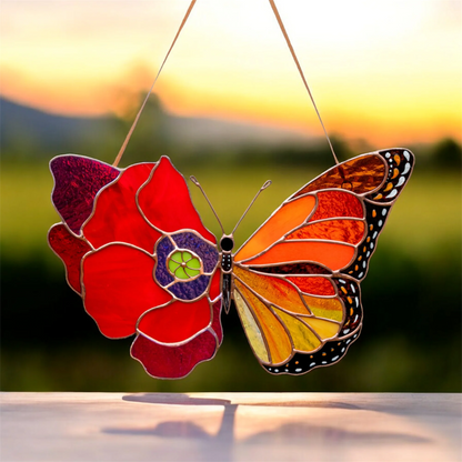 Monarch Butterfly with Red Poppy Wing · Stained Glass Suncatcher