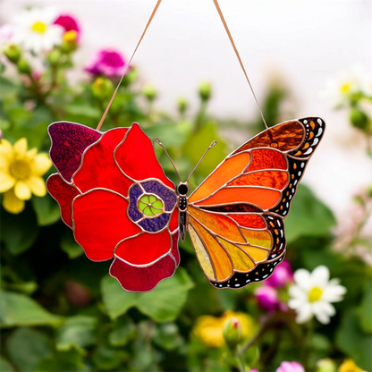 Monarch Butterfly with Red Poppy Wing · Stained Glass Suncatcher