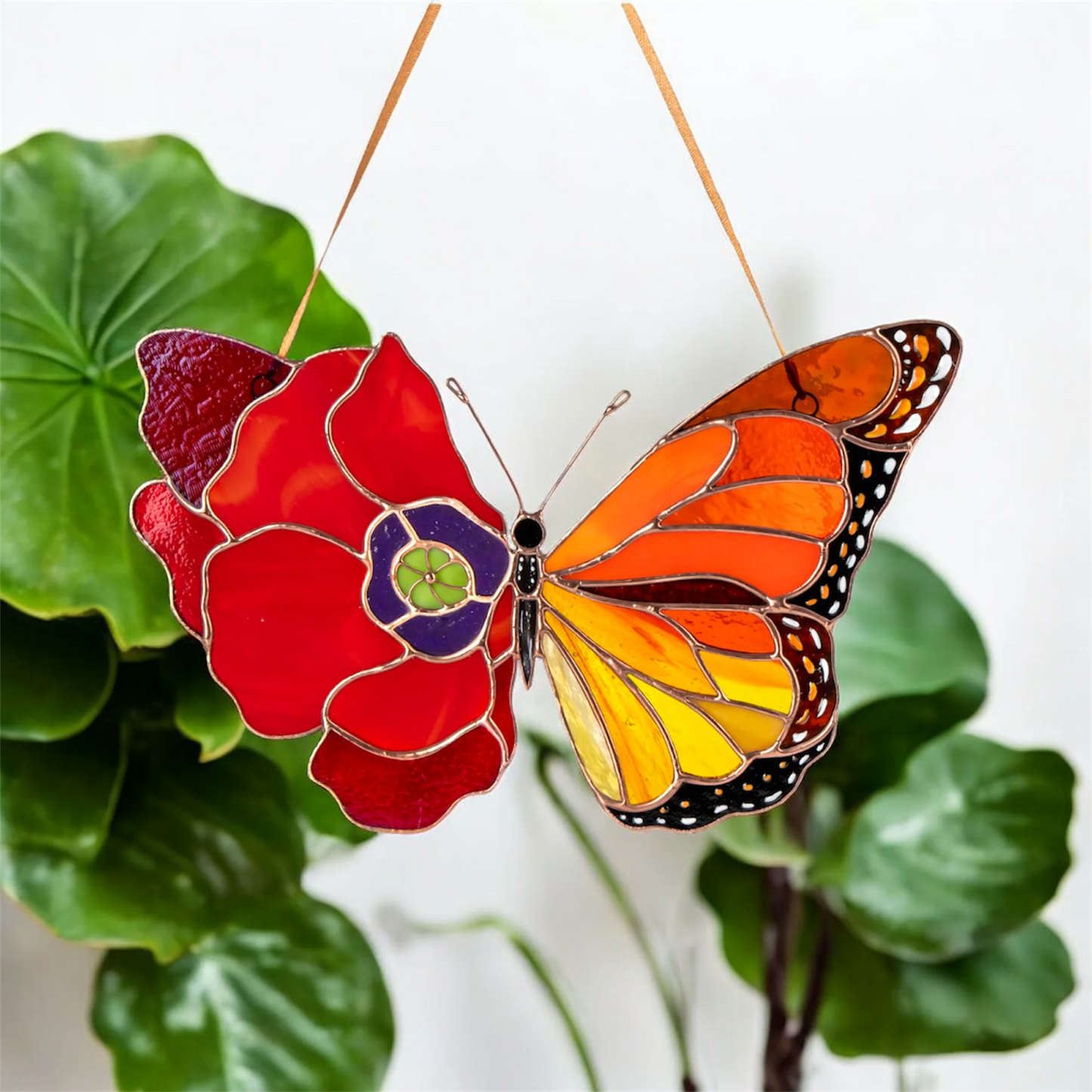 Monarch Butterfly with Red Poppy Wing · Stained Glass Suncatcher
