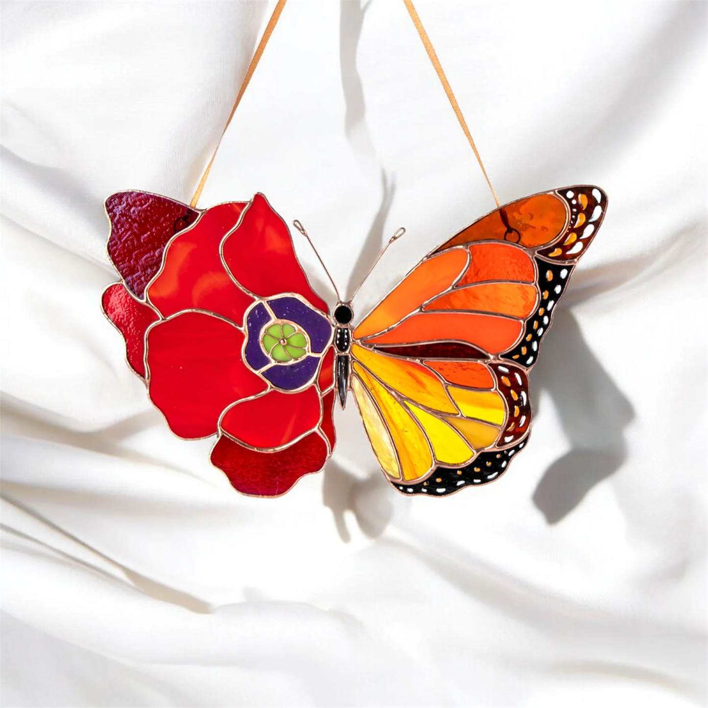 Monarch Butterfly with Red Poppy Wing · Stained Glass Suncatcher
