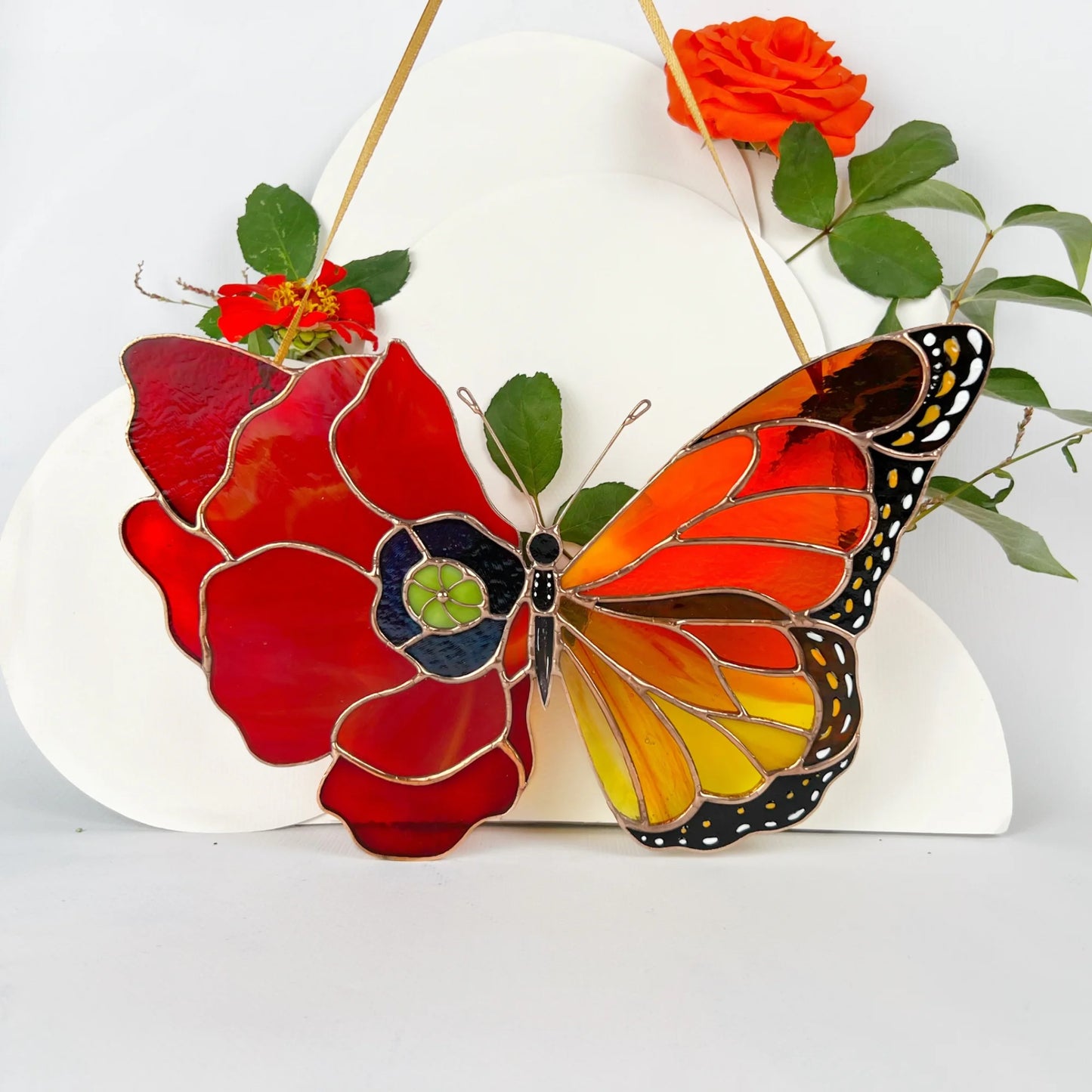 Monarch Butterfly with Red Poppy Wing · Stained Glass Suncatcher