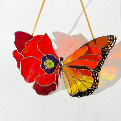 Monarch Butterfly with Red Poppy Wing · Stained Glass Suncatcher