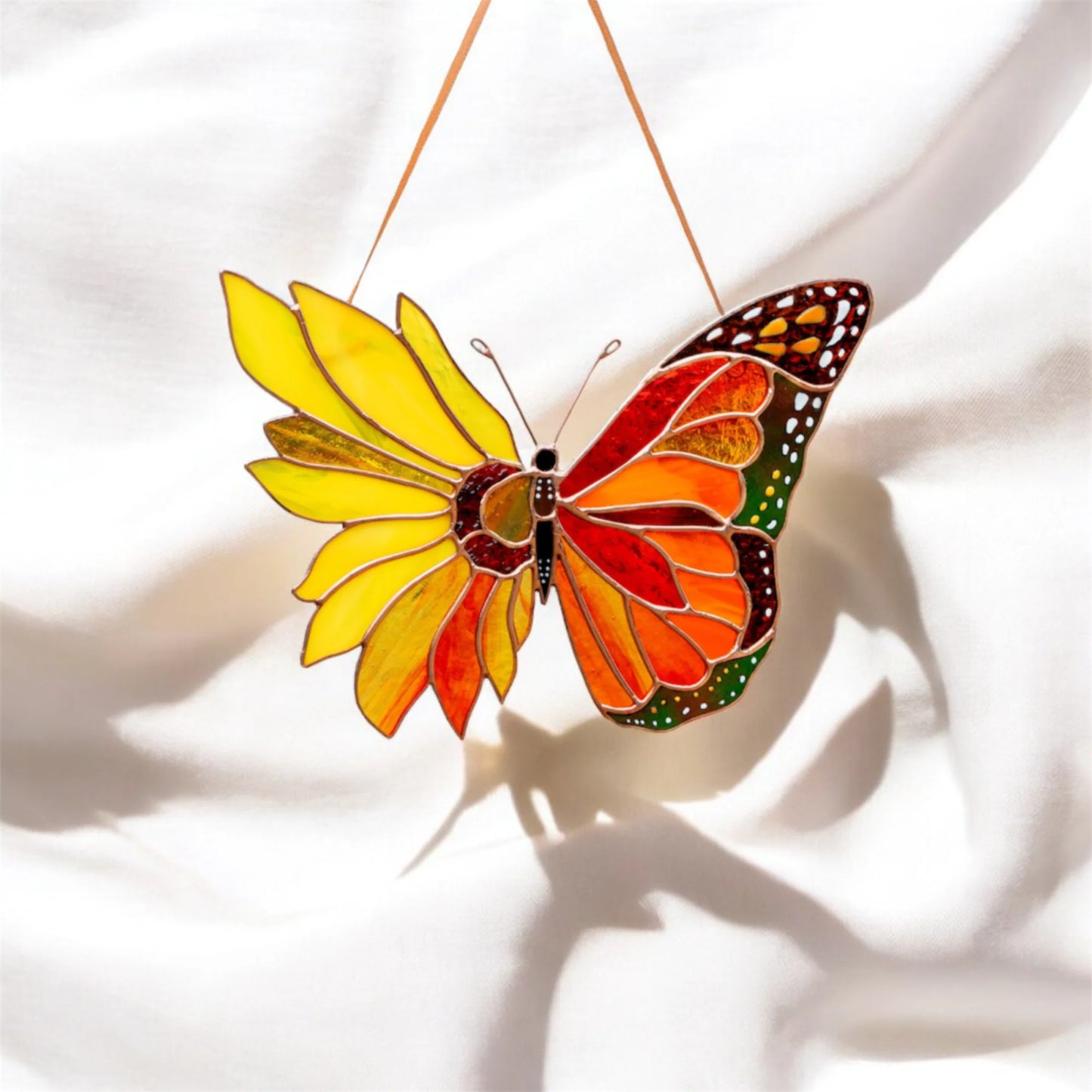 Monarch Butterfly with Sunflower Wing · Stained Glass Suncatcher