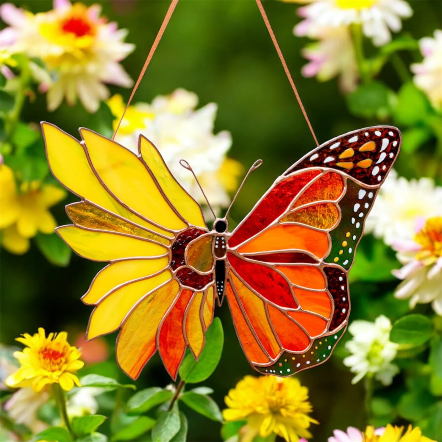 Monarch Butterfly with Sunflower Wing · Stained Glass Suncatcher