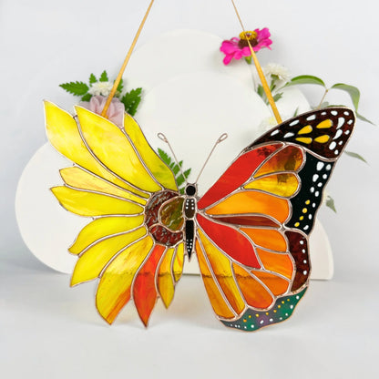 Monarch Butterfly with Sunflower Wing · Stained Glass Suncatcher