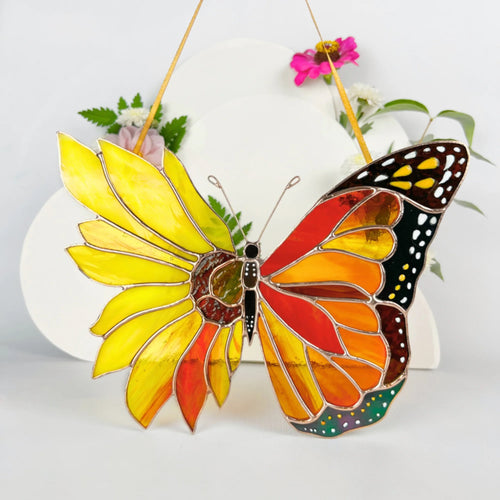 Monarch Butterfly with Sunflower Wing · Stained Glass Suncatcher