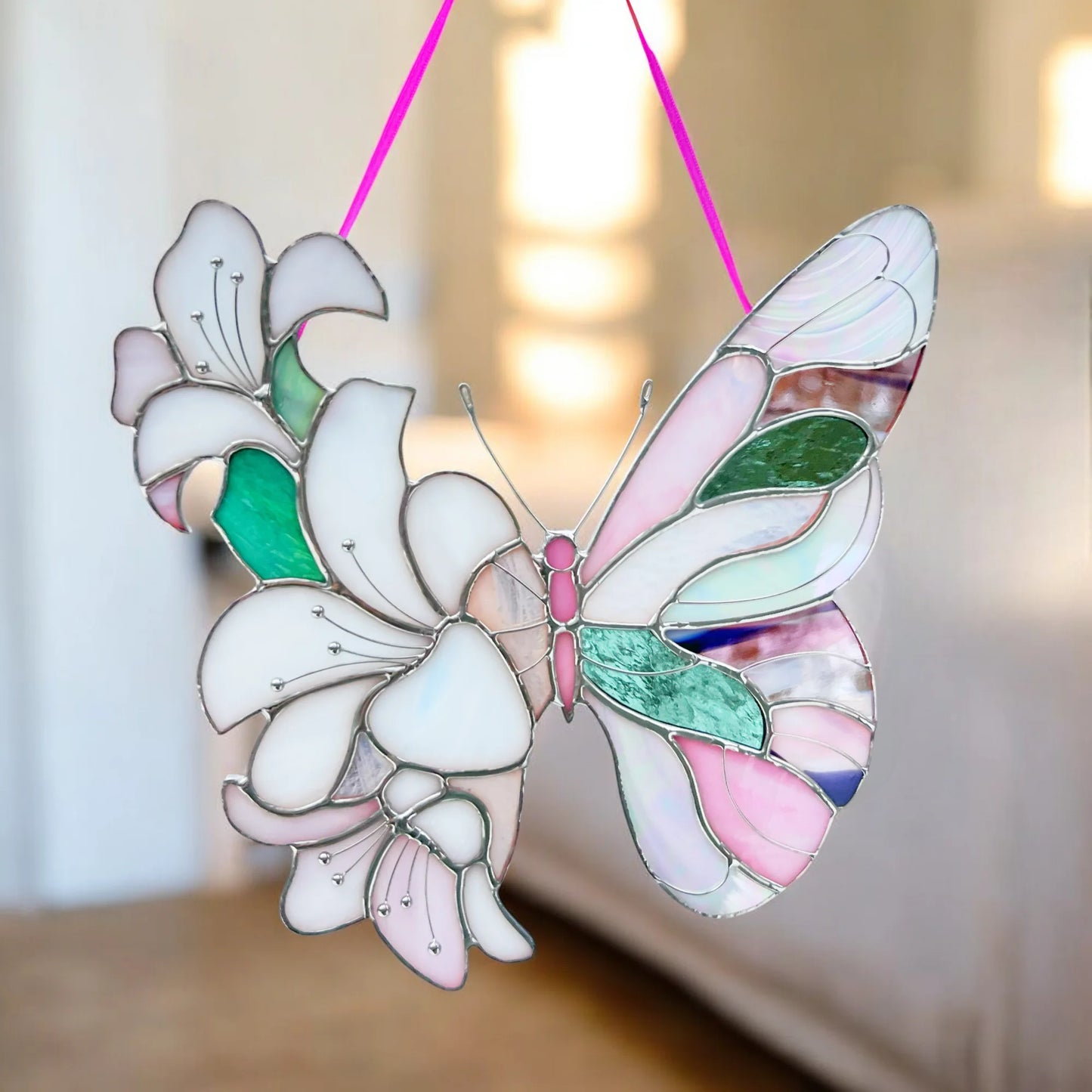 Floral Butterfly ·  Stained Glass Suncatcher · Lilac Blossom Wing